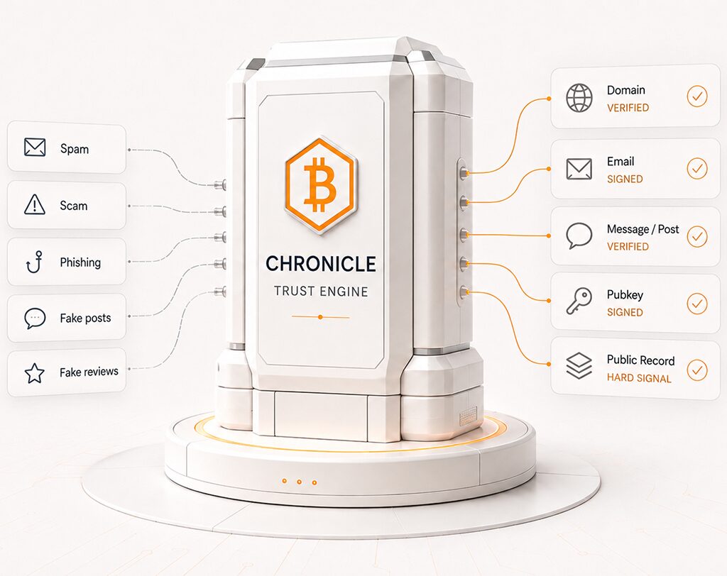 Chronicle trust engine processing spam, scam, phishing, fake posts, malware, and fake reviews into verified domain, email, message, pubkey, and public record signals.