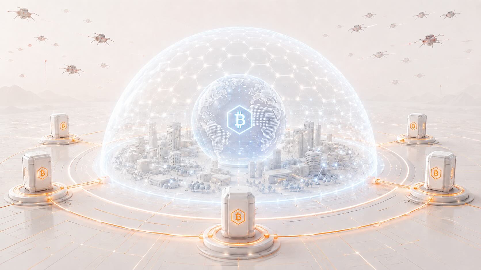 A protected city-scale cyber defense network built around Bitcoin-backed trust signals.