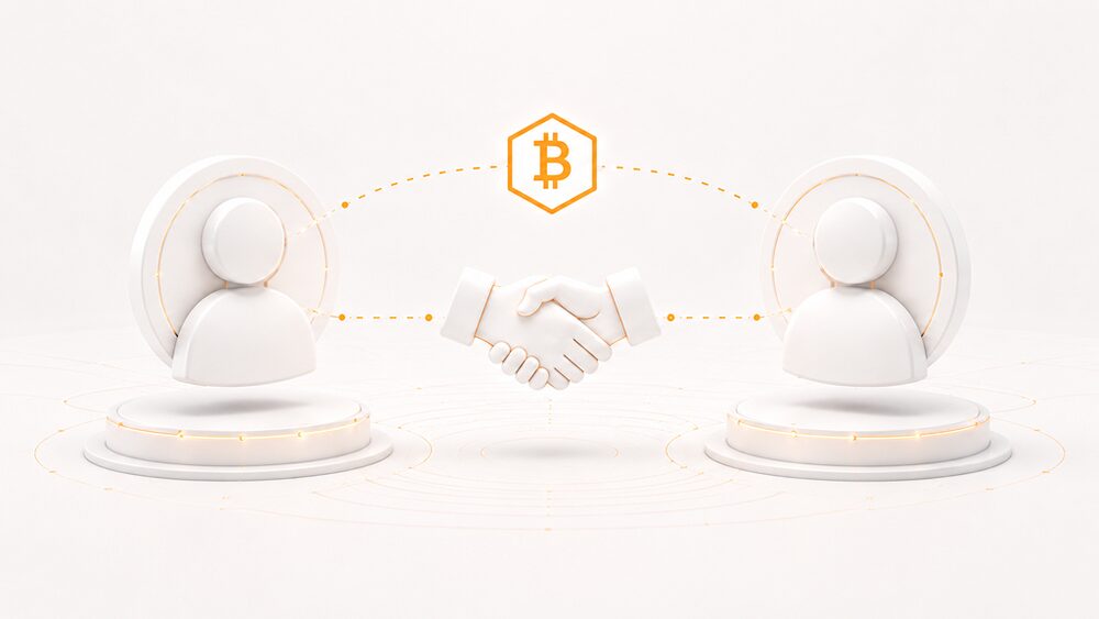 Two people trading directly through cryptographic trust without a third-party escrow.